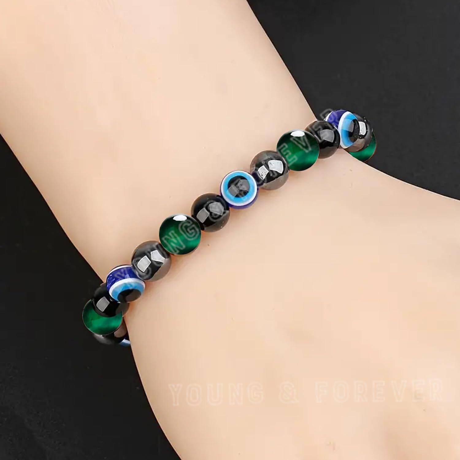Young & Forever Evil Eye Original Black Tourmaline Beads Nazariya Triple Protection Blue Tiger Eye Bead Women Bracelet for Men Nazar Hand Bracelets Accessories Woman Girls