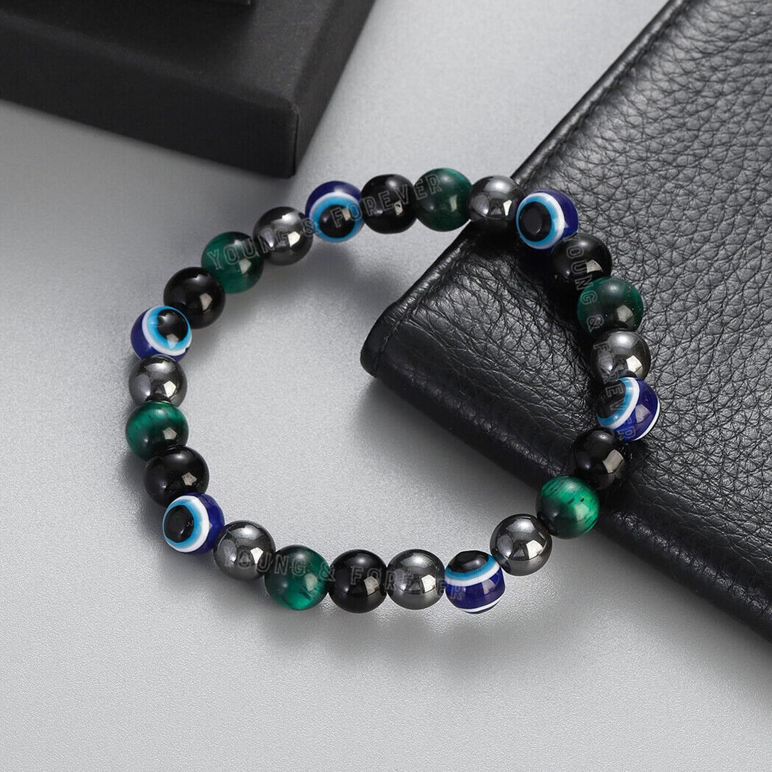 Young & Forever Evil Eye Original Black Tourmaline Beads Nazariya Triple Protection Blue Tiger Eye Bead Women Bracelet for Men Nazar Hand Bracelets Accessories Woman Girls