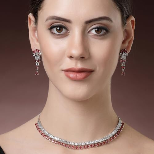 ZENEME Pear Shaped Rhodium-Plated with Silver-Toned White American Diamond Studded Jewellery Set (Red)