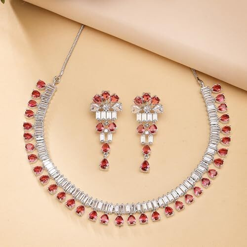 ZENEME Pear Shaped Rhodium-Plated with Silver-Toned White American Diamond Studded Jewellery Set (Red)
