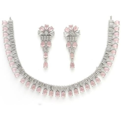 ZENEME Pear Shaped Rhodium-Plated with Silver-Toned White American Diamond Studded Jewellery Set (Pink)
