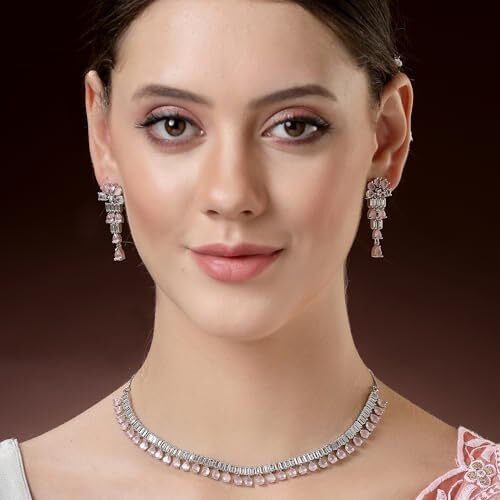 ZENEME Pear Shaped Rhodium-Plated with Silver-Toned White American Diamond Studded Jewellery Set (Pink)