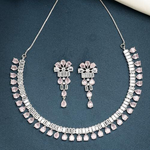 ZENEME Pear Shaped Rhodium-Plated with Silver-Toned White American Diamond Studded Jewellery Set (Pink)