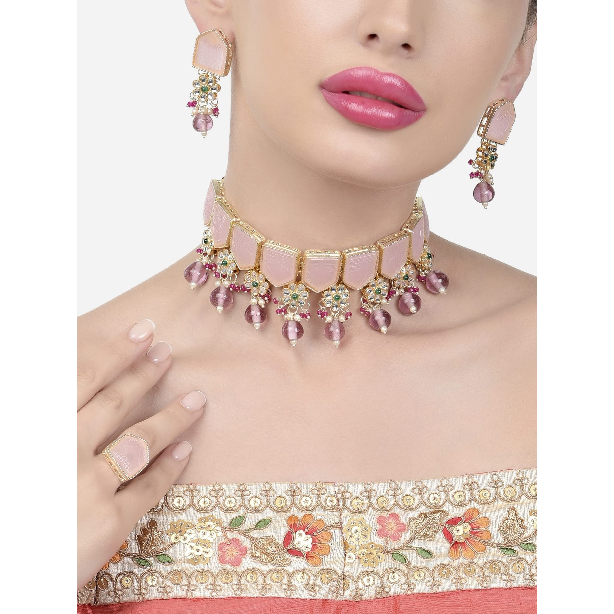 ZAVERI PEARLS Pink Green Stones Beads Kundan Choker Necklace Earring & Ring Set For Women-ZPFK15446