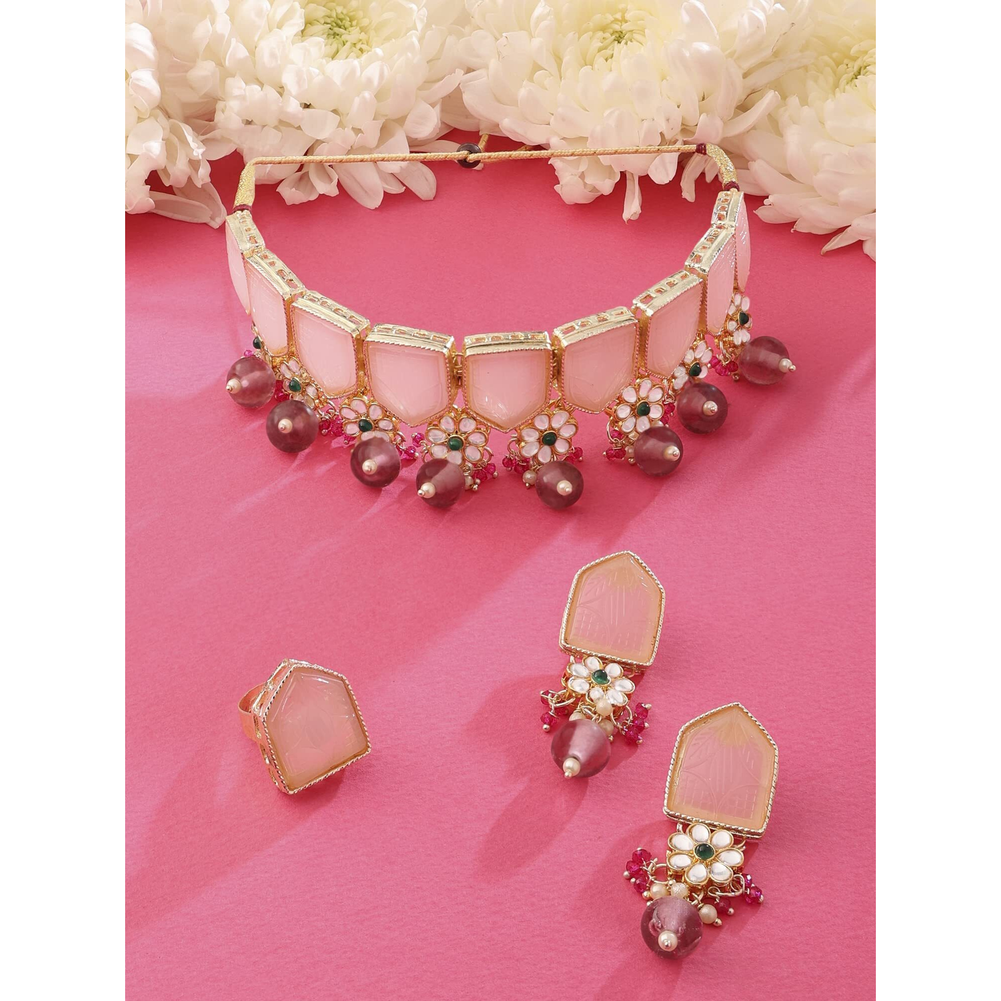 ZAVERI PEARLS Pink Green Stones Beads Kundan Choker Necklace Earring & Ring Set For Women-ZPFK15446