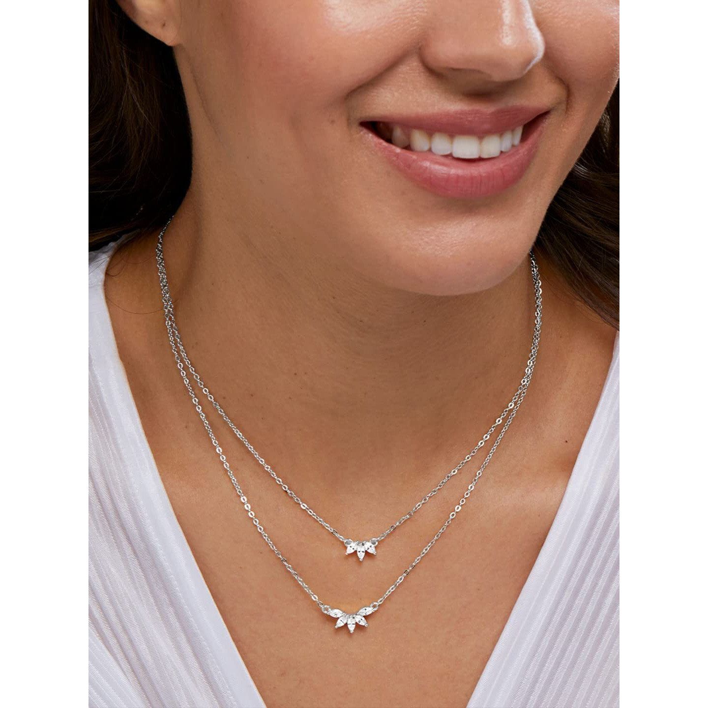MINUTIAE Double Layered Chain Necklace With Flower Cut Diamond Pendant With Austrian Cubic Zirconia For Women And Girls With Extendable Chain (Silver)