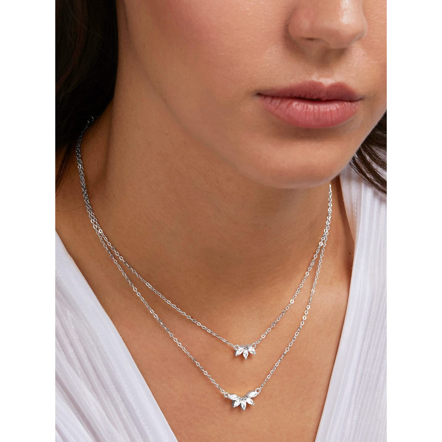 MINUTIAE Double Layered Chain Necklace With Flower Cut Diamond Pendant With Austrian Cubic Zirconia For Women And Girls With Extendable Chain (Silver)