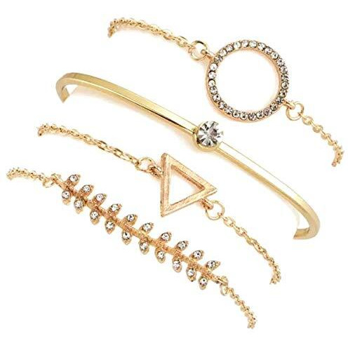 Shining Diva Fashion Womens Set of 4 Non Precious Metal Base Metal Stylish Multilayer Crystal and Cubic Zirconia Bangle Charm Bracelet - Golden (10712b)