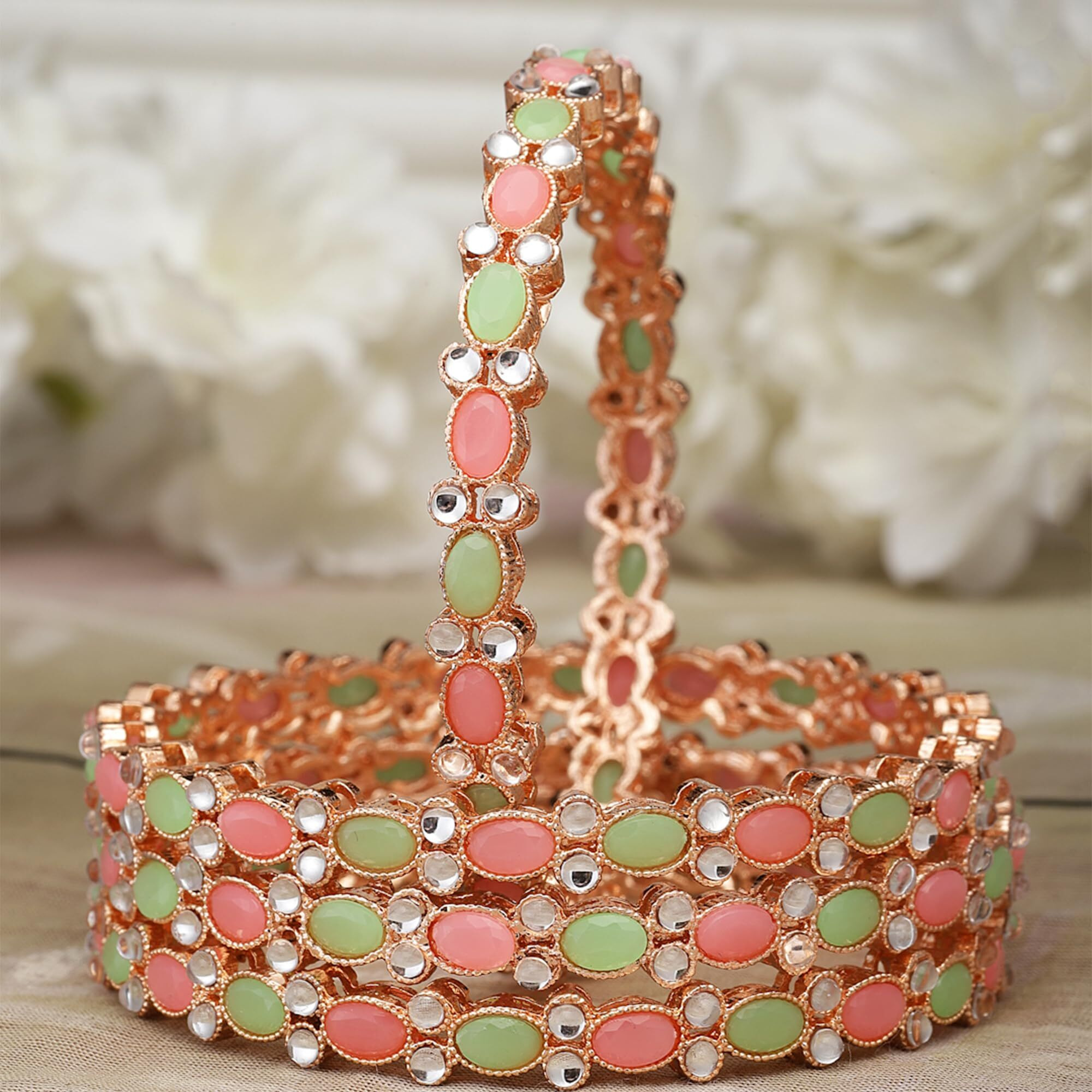 ZENEME Rose Gold-Plated Lime Green & White Oval Shaped AD studded Handcrafted Bangles Set for Girls and Women (Set Of 4) (2.8) (Style_02, 2.6 Inches)