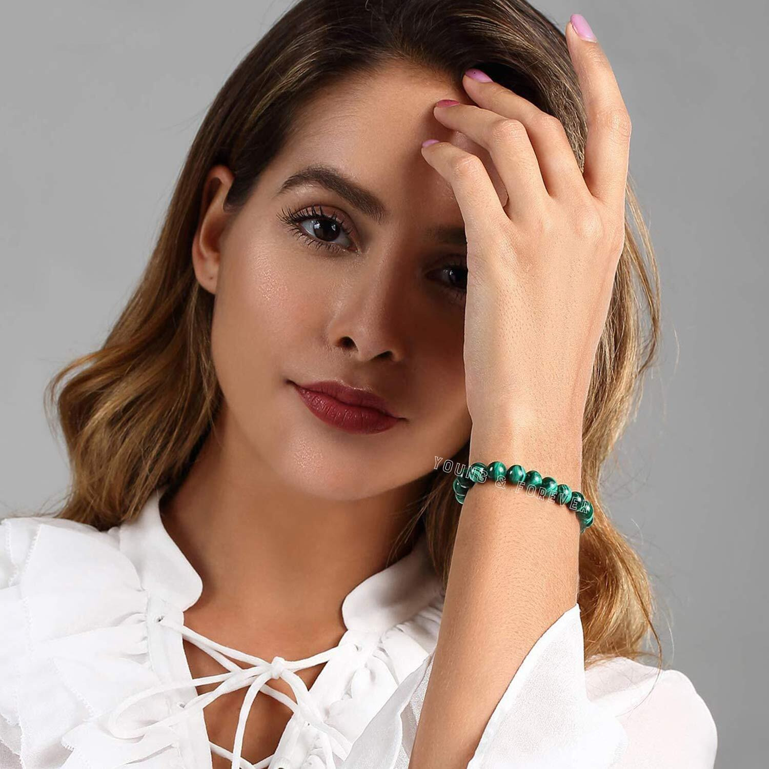 Young & Forever Gift Certified Reiki Crystal Semi Precious Gemstone Malachite Bracelet for Anti-Anxity and Abundance Energy Healing Stone Stretch Bracelet for Men and Women