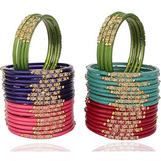 NMII Glass with Zircon Gemstone and Beads Studded Glossy Finished Bangles Set for Women and Girls,(Multicolour-G387_2.8 Inches) Pack Of 40 Bangle Set