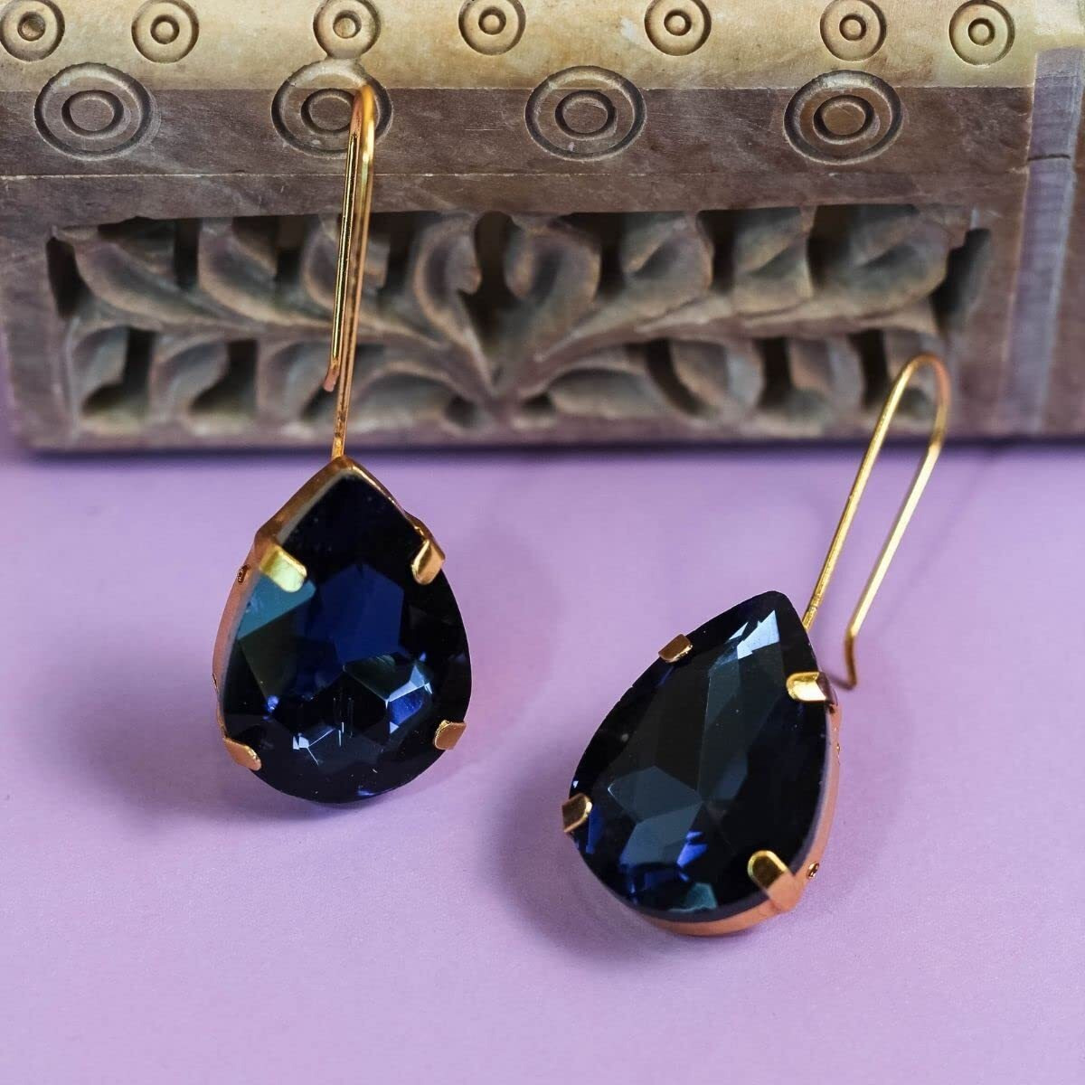 Accessher Contemporary Jewellery Style Gold Plated Tear Drop Design Dangle Earrings Embellished with Blue Colour Stone for Women and Girls Pack of 1 Pair