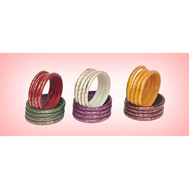 NMII Glass with Flower Design Pattern Glossy Finished Kada Set For Women and Girls, (Multi_2.4 Inches), Pack Of 24 Kada Set