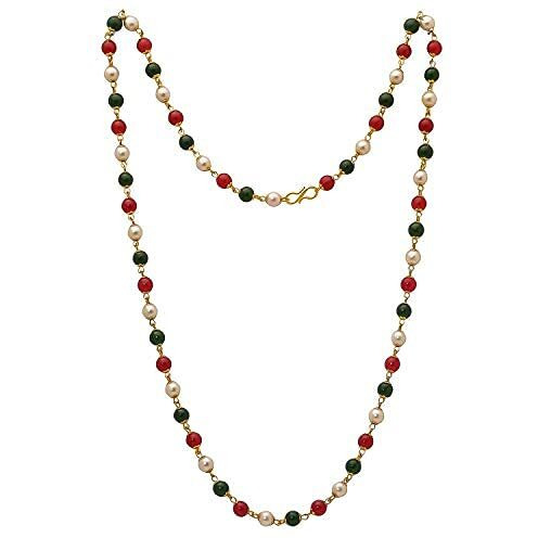 Jewar Mandi Chain 26 inch Handmade Red White Green Pearl Polki One Gram Gold Multicolour Necklace Set 7381 for Womens Girls