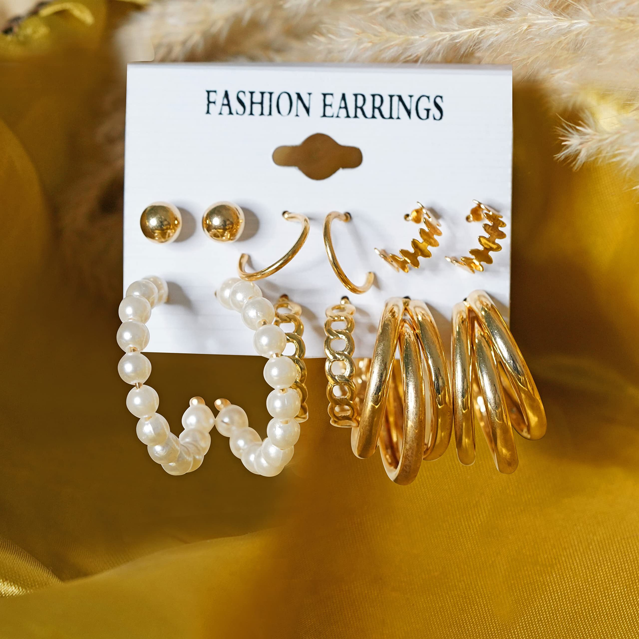 Fashion Frill Womens Jewellery Earrings For Women Pearl Geometric Gold Plated Stud & Drop Earrings For Women Girls Western Stylish Latest Fancy Earrings Set Combo