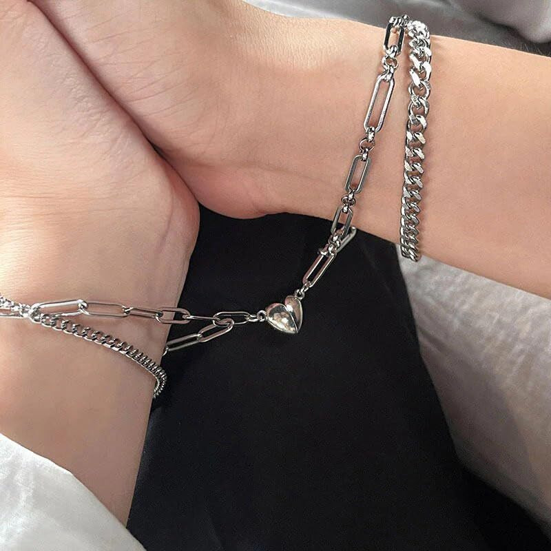 Fashion Frill Silver Couple Bracelet Magnetic Silver Plated Heart Bracelets Romantic Love Couples Friendship Promise 2 In 1 Wrist Band Link Chain Bracelet For Men Girls