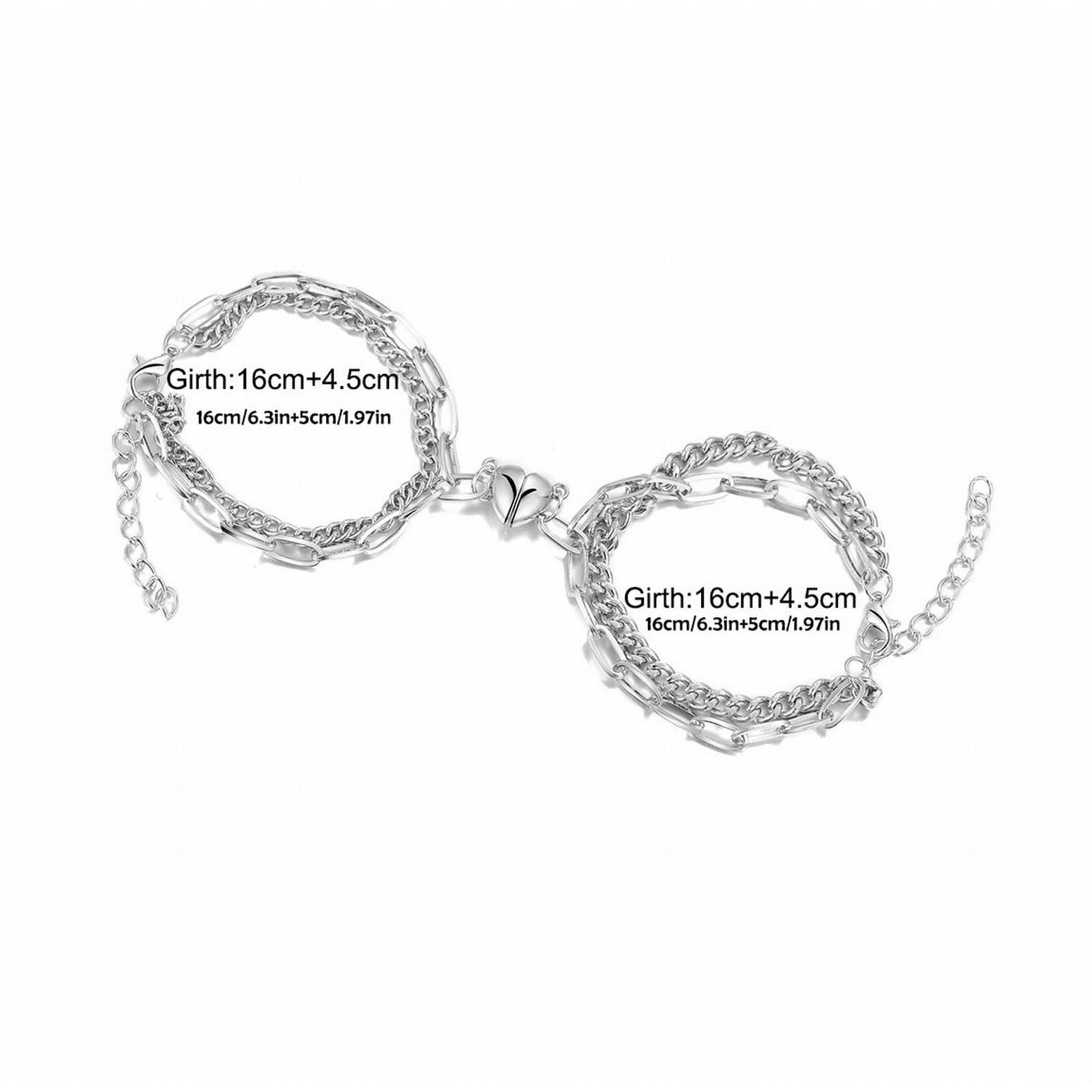 Fashion Frill Silver Couple Bracelet Magnetic Silver Plated Heart Bracelets Romantic Love Couples Friendship Promise 2 In 1 Wrist Band Link Chain Bracelet For Men Girls