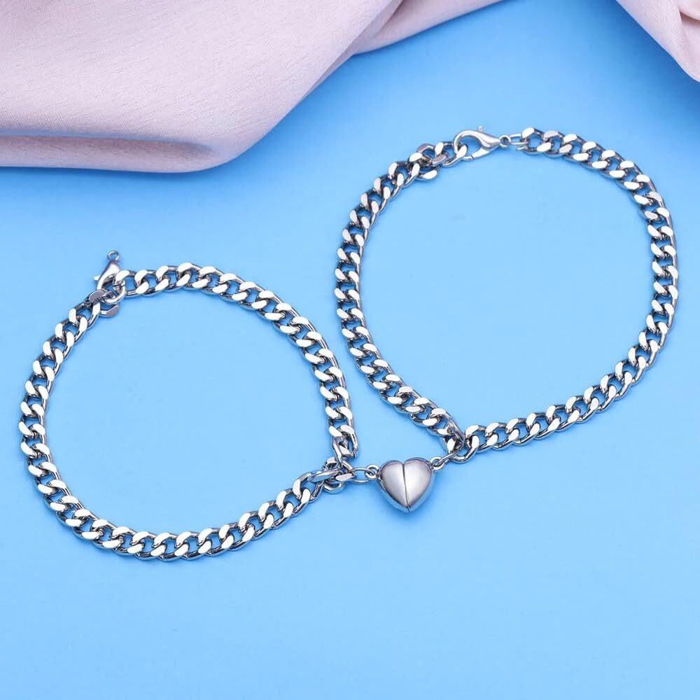 Fashion Frill Silver Couple Bracelet Magnetic Silver Plated Heart Bracelets Love Couples Friendship Promise 2 In 1 Wrist Band Link Chain Bracelet For Men Girls (Modern)