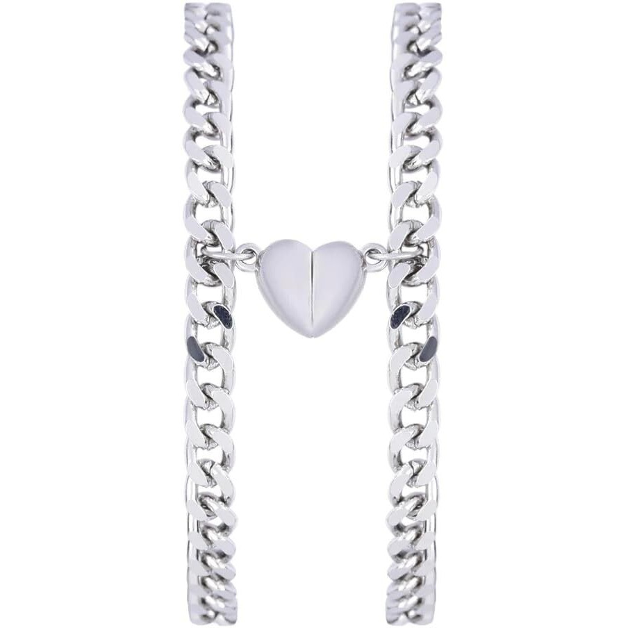 Fashion Frill Silver Couple Bracelet Magnetic Silver Plated Heart Bracelets Love Couples Friendship Promise 2 In 1 Wrist Band Link Chain Bracelet For Men Girls (Modern)