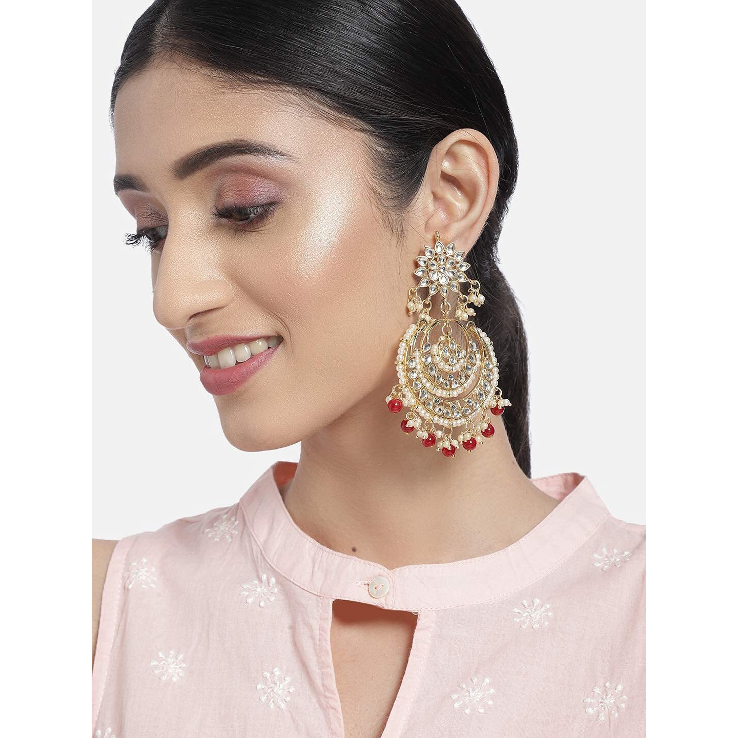 I Jewels 18K Gold Plated Alloy Kundan Stones Earrings For Women, Red