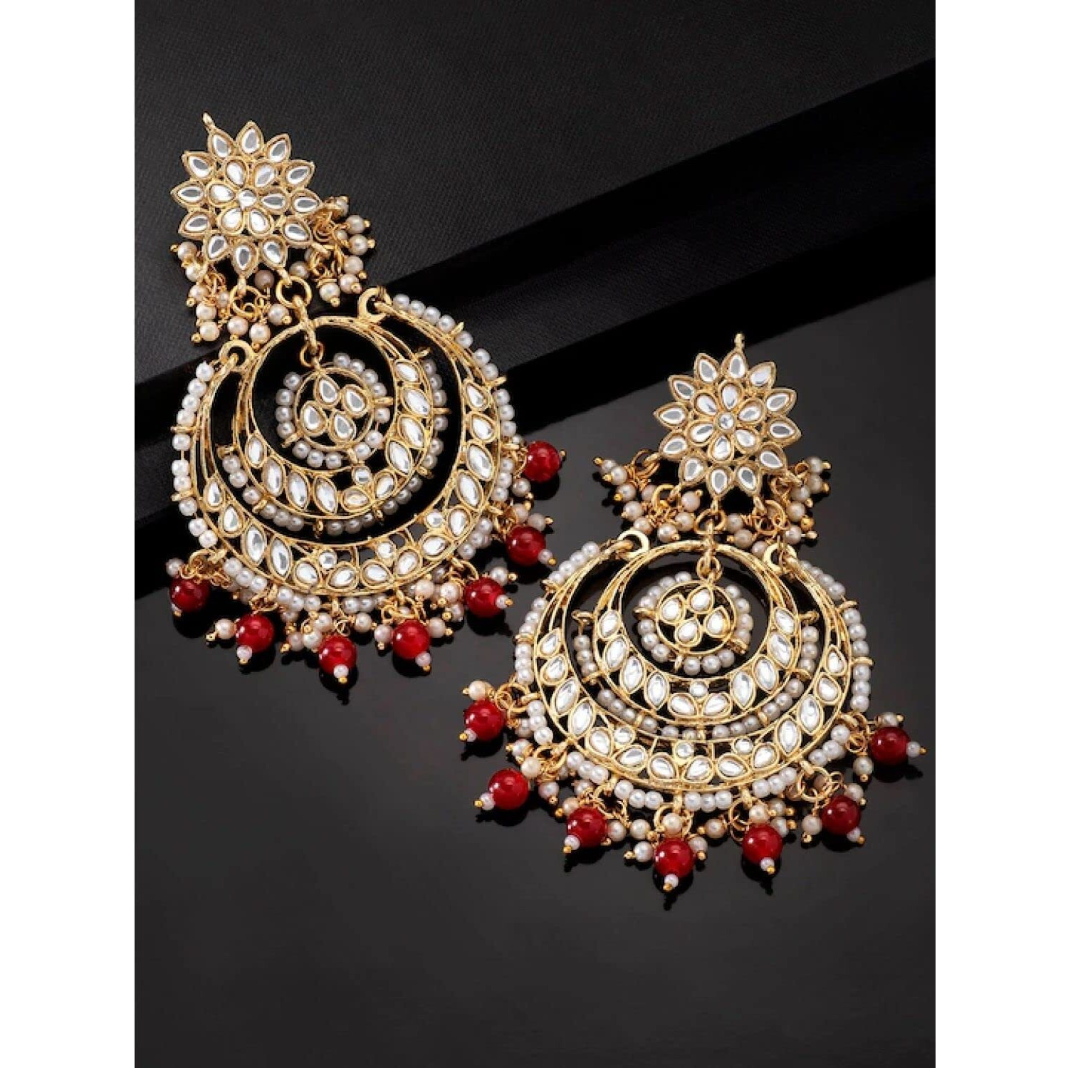 I Jewels 18K Gold Plated Alloy Kundan Stones Earrings For Women, Red