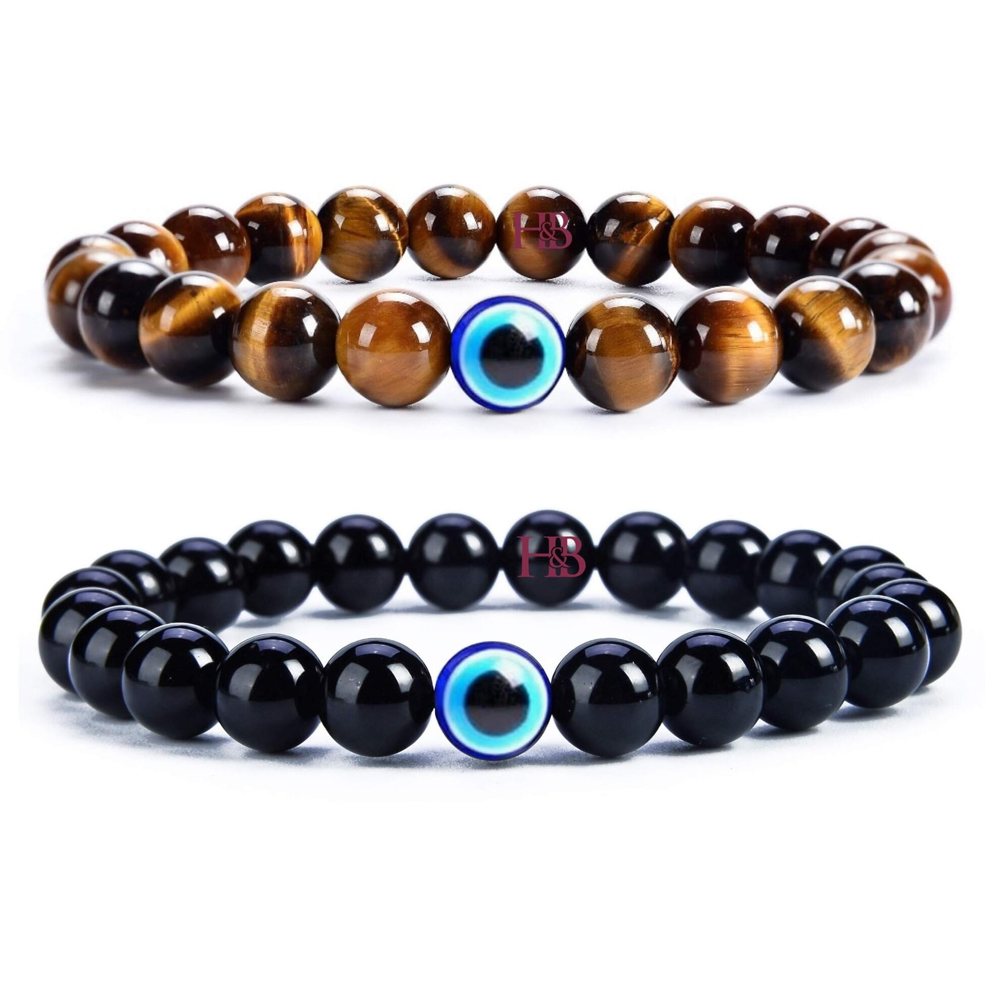Natural Stone Bead Evil Eye Couple Combo Bracelet Set with Certificate - Embrace Harmony, Protection, and Positive Energy Together (Tiger Eye & Black Agate)