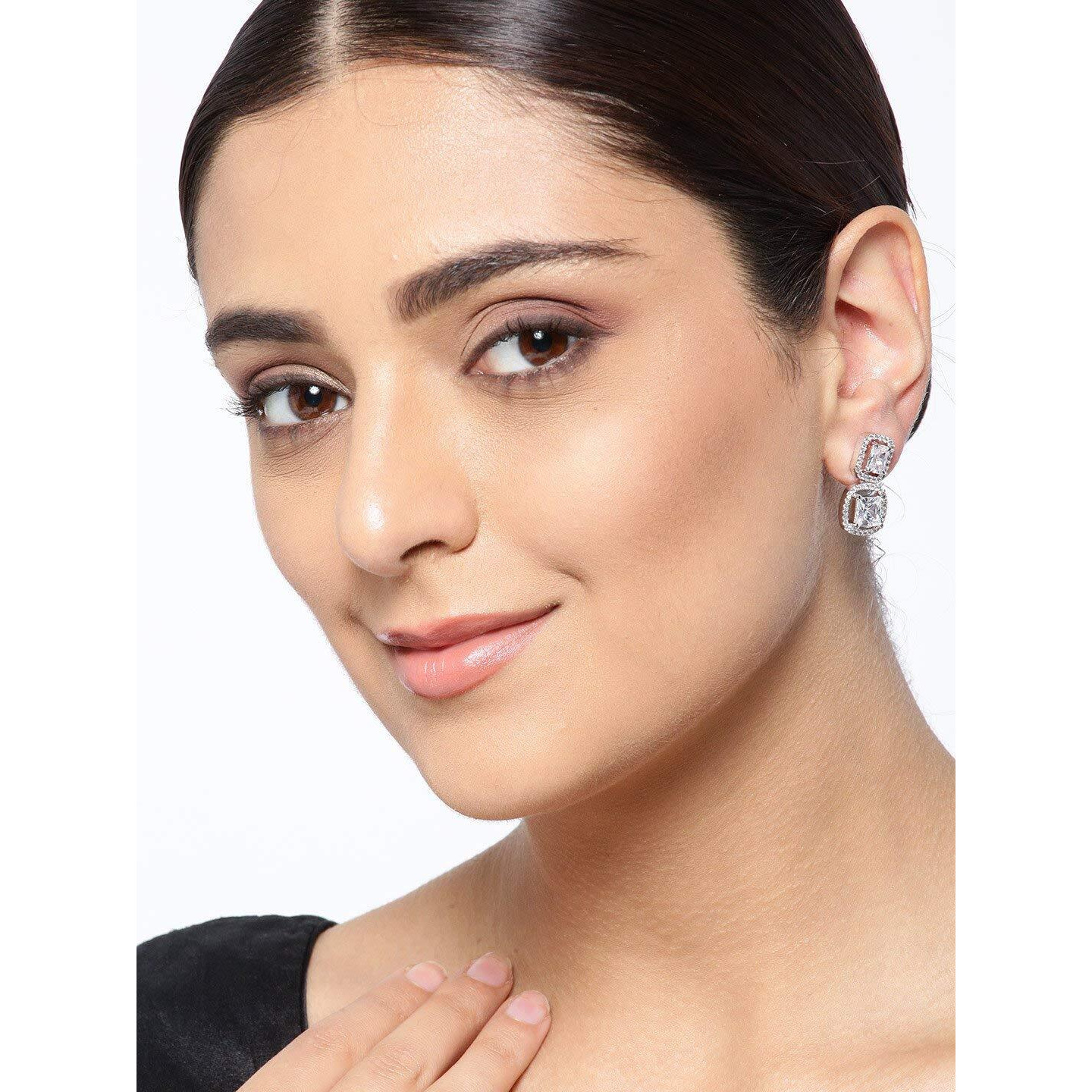 Priyaasi Geometric Design American Diamond Earrings for Women | Stylish Drop Look | Silver-Plated Earrings for Girls | Ethnic Wear | Gift for Women & Girls