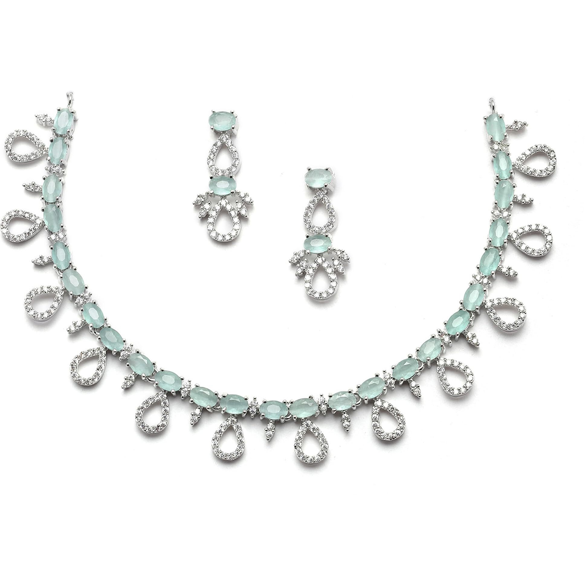 ZENEME Rhodium-Plated Silver Toned American Diamond Studded Necklace with Earrings Jewellery Set for Girls and Women (Lime Green)