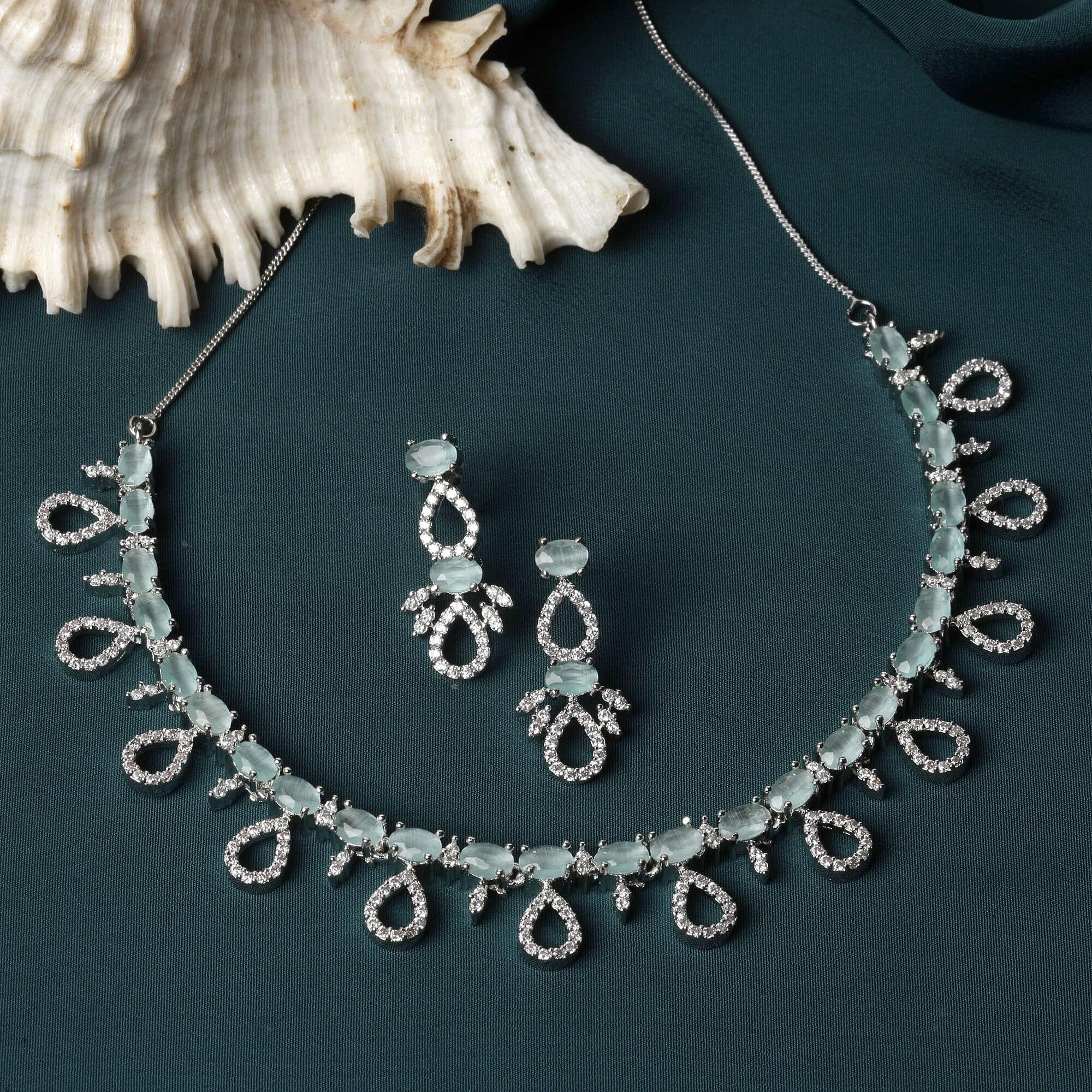 ZENEME Rhodium-Plated Silver Toned American Diamond Studded Necklace with Earrings Jewellery Set for Girls and Women (Lime Green)