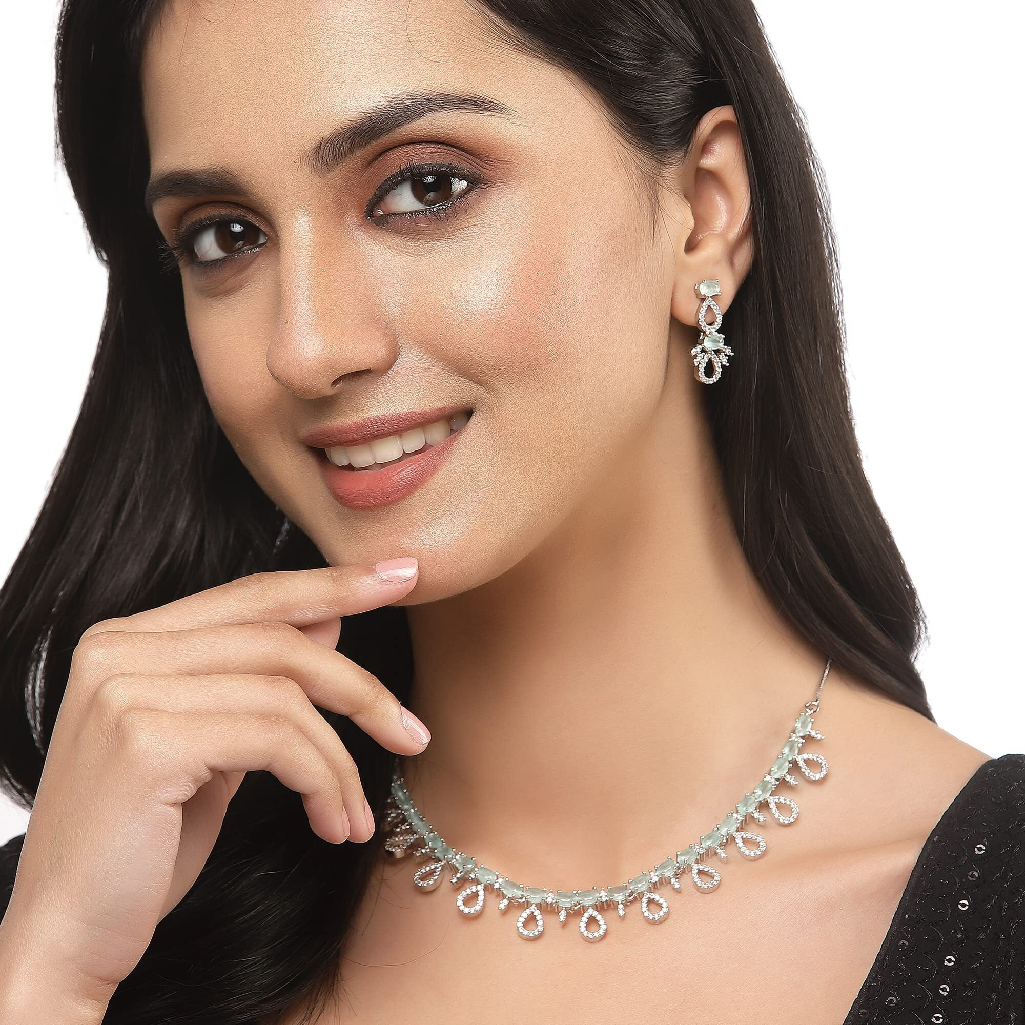 ZENEME Rhodium-Plated Silver Toned American Diamond Studded Necklace with Earrings Jewellery Set for Girls and Women (Lime Green)