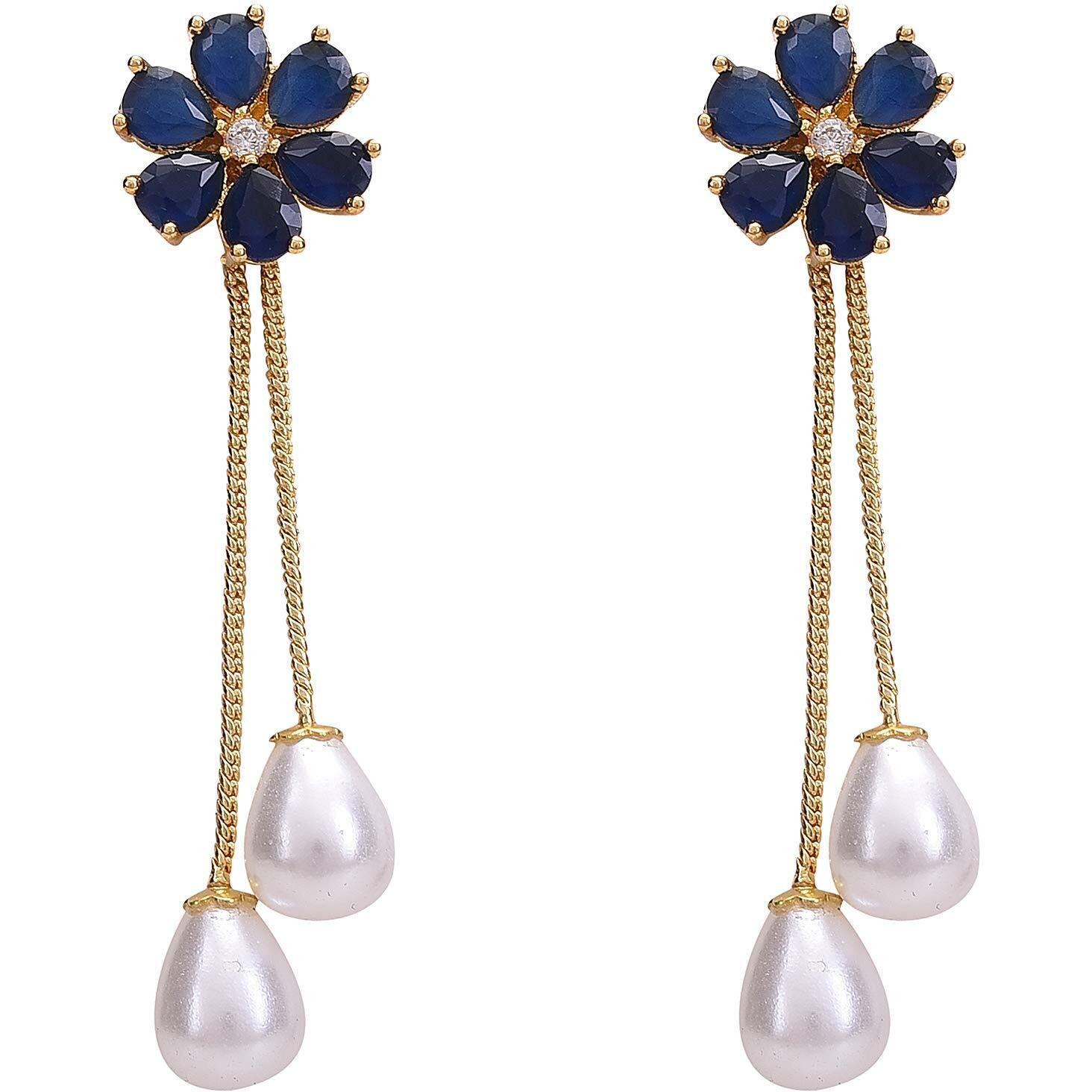 Ratnavali Jewels Fashion Jewellery Blue Gold Plated brass Sparkling Pearl Red Dangle and Drop Earrings Top for Women RV2966B-6