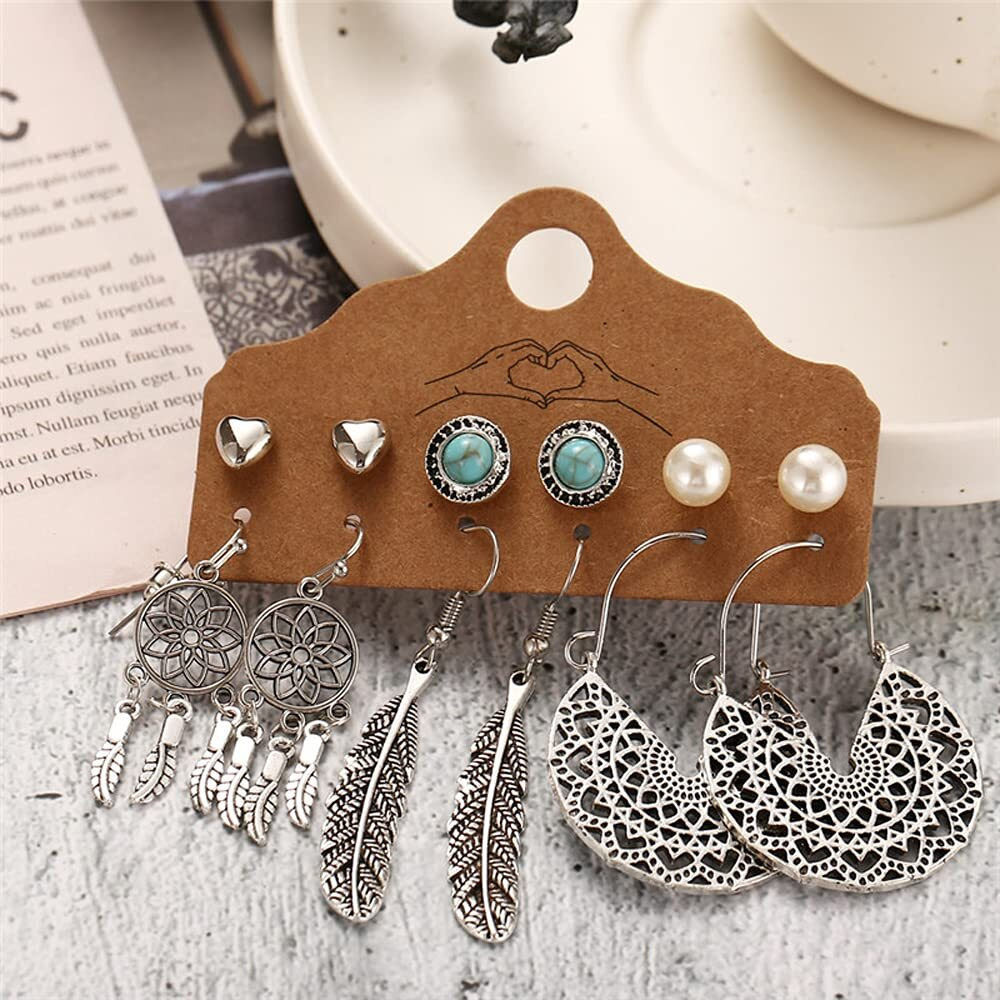 Shining Diva Fashion Latest Stylish Combo Design 6 Pairs Metal Earrings for Women and Girls (12776er), Oxidised Silver, 1