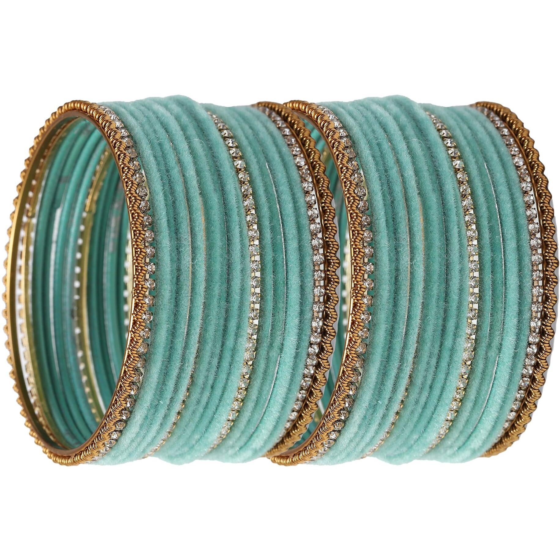 ZENEME Gold-Plated Matte Finish Velvet White American Diamonds Studded Bangles Set Of 36 For Girls and Women (2.6) (Turquoise Blue, 2.4)