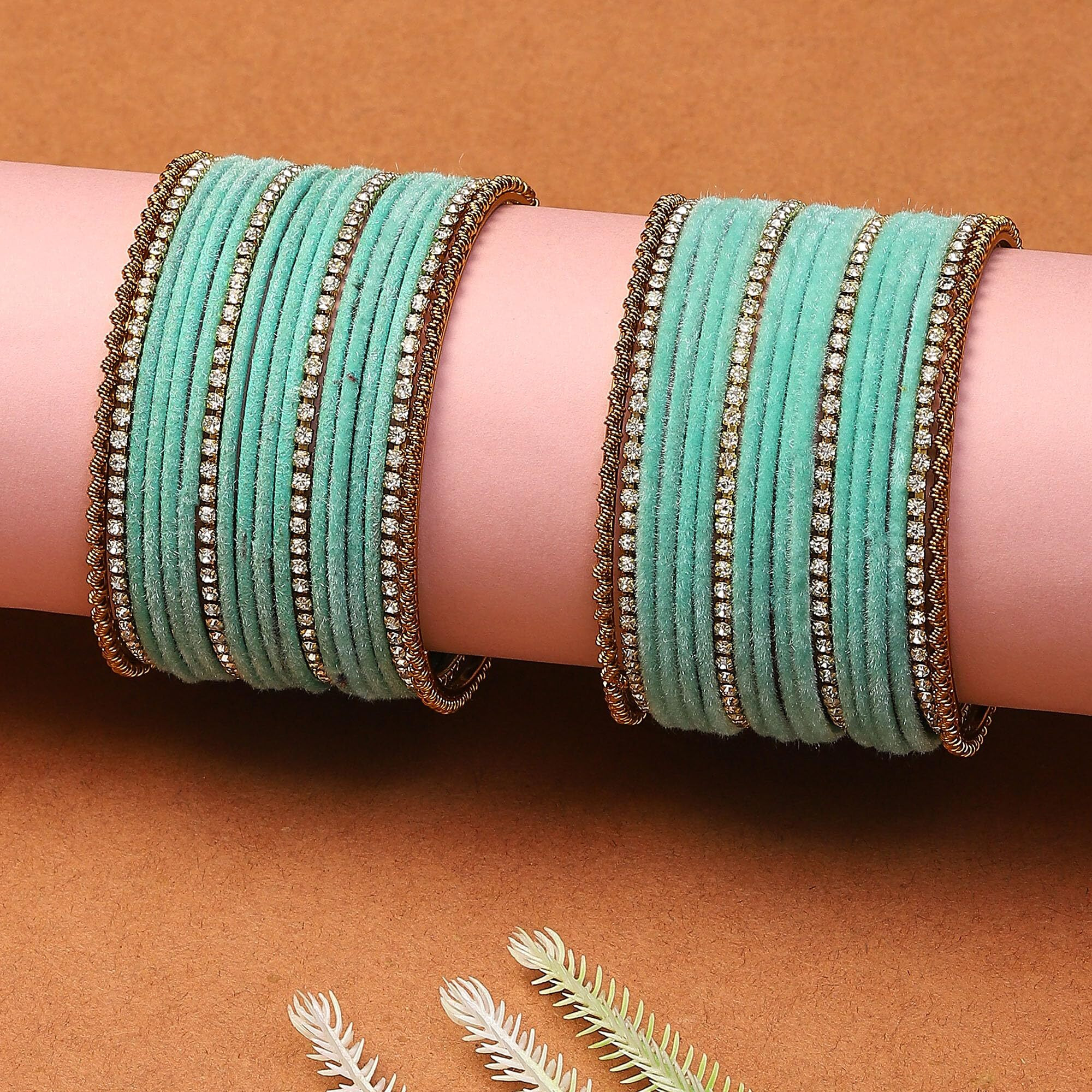 ZENEME Gold-Plated Matte Finish Velvet White American Diamonds Studded Bangles Set Of 36 For Girls and Women (2.6) (Turquoise Blue, 2.4)