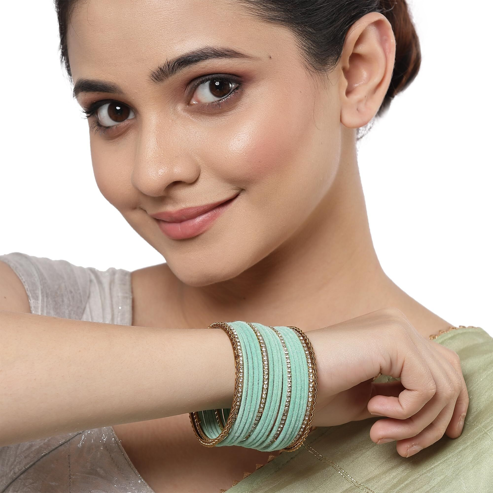 ZENEME Gold-Plated Matte Finish Velvet White American Diamonds Studded Bangles Set Of 36 For Girls and Women (2.6) (Turquoise Blue, 2.4)
