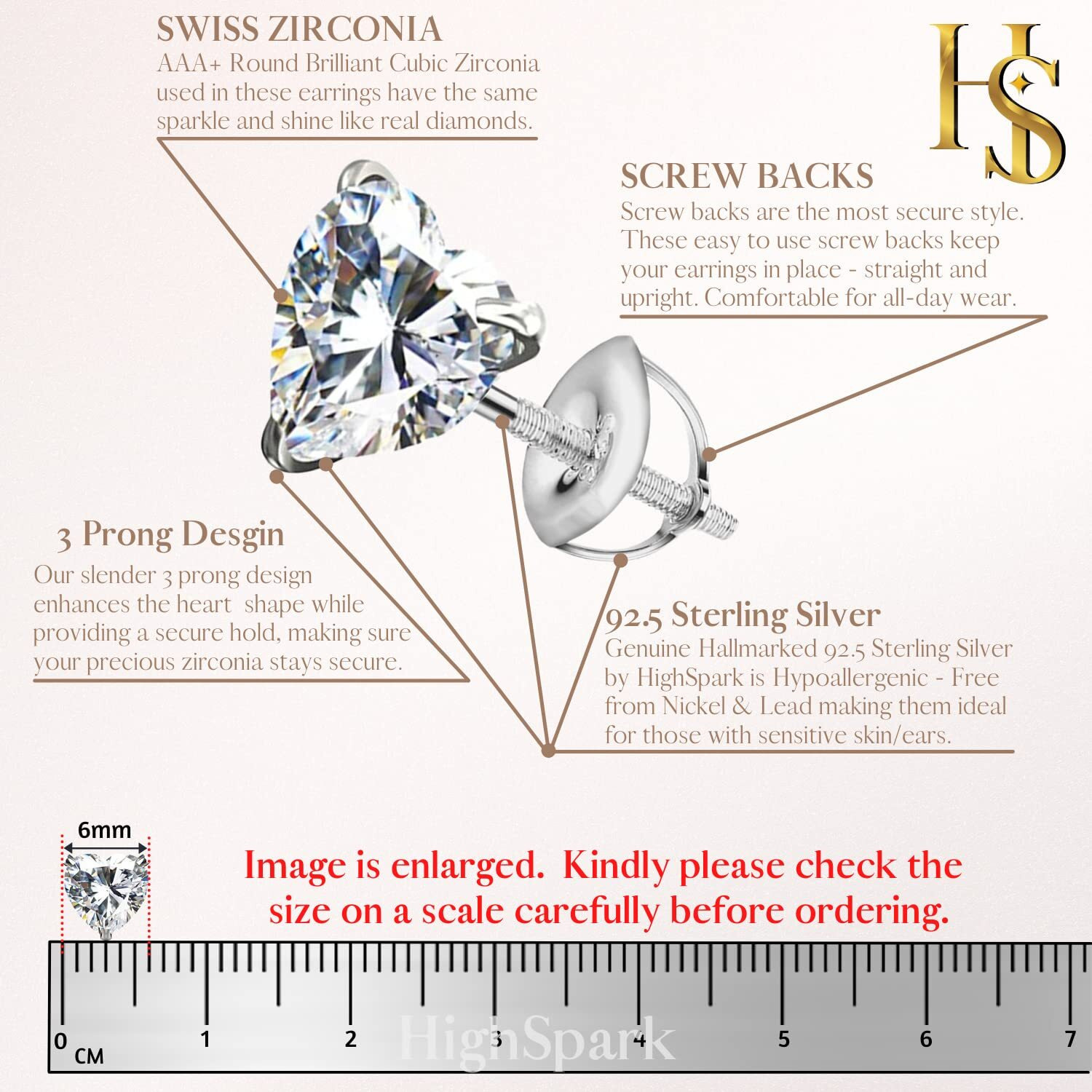 HIGHSPARK 925 SIlver Heart Solitaire Screwback Stud Earrings | 92.5 Sterling Silver & Heart Brilliant Cubic Zirconia Tops for Men Women Boys & Girls | Silver 5mm