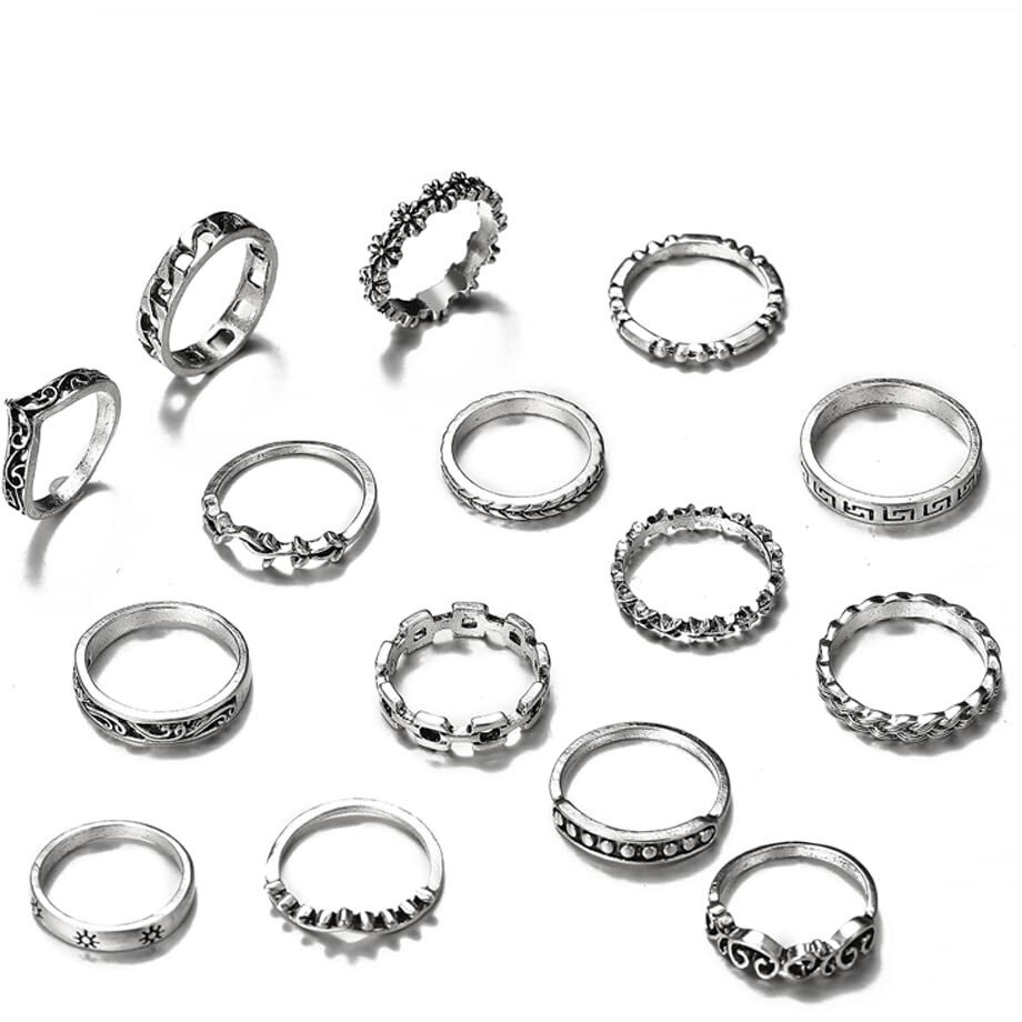 Shining Diva Fashion Latest Stylish Metal Boho Midi Finger Rings for Women and Girls - Set of 15 (E12981r), Silver