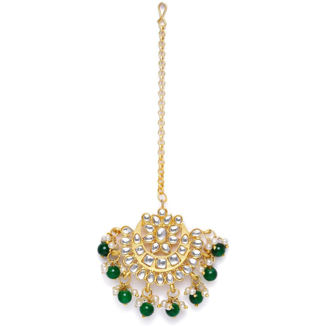 I Jewels 18K Gold Plated Ethnic Matte Finish Traditional Kundan Studded Maang Tikka With Pearls For Women/Girls (T2861G)