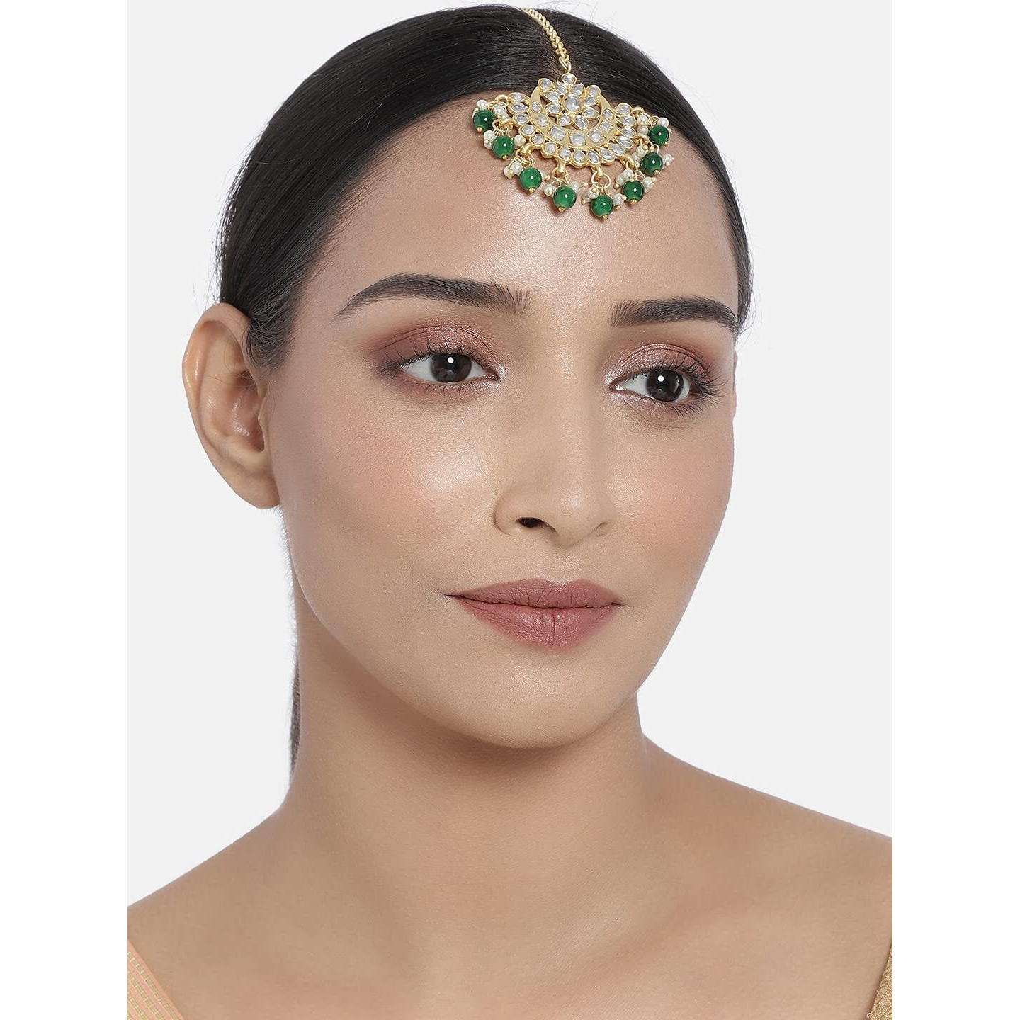 I Jewels 18K Gold Plated Ethnic Matte Finish Traditional Kundan Studded Maang Tikka With Pearls For Women/Girls (T2861G)