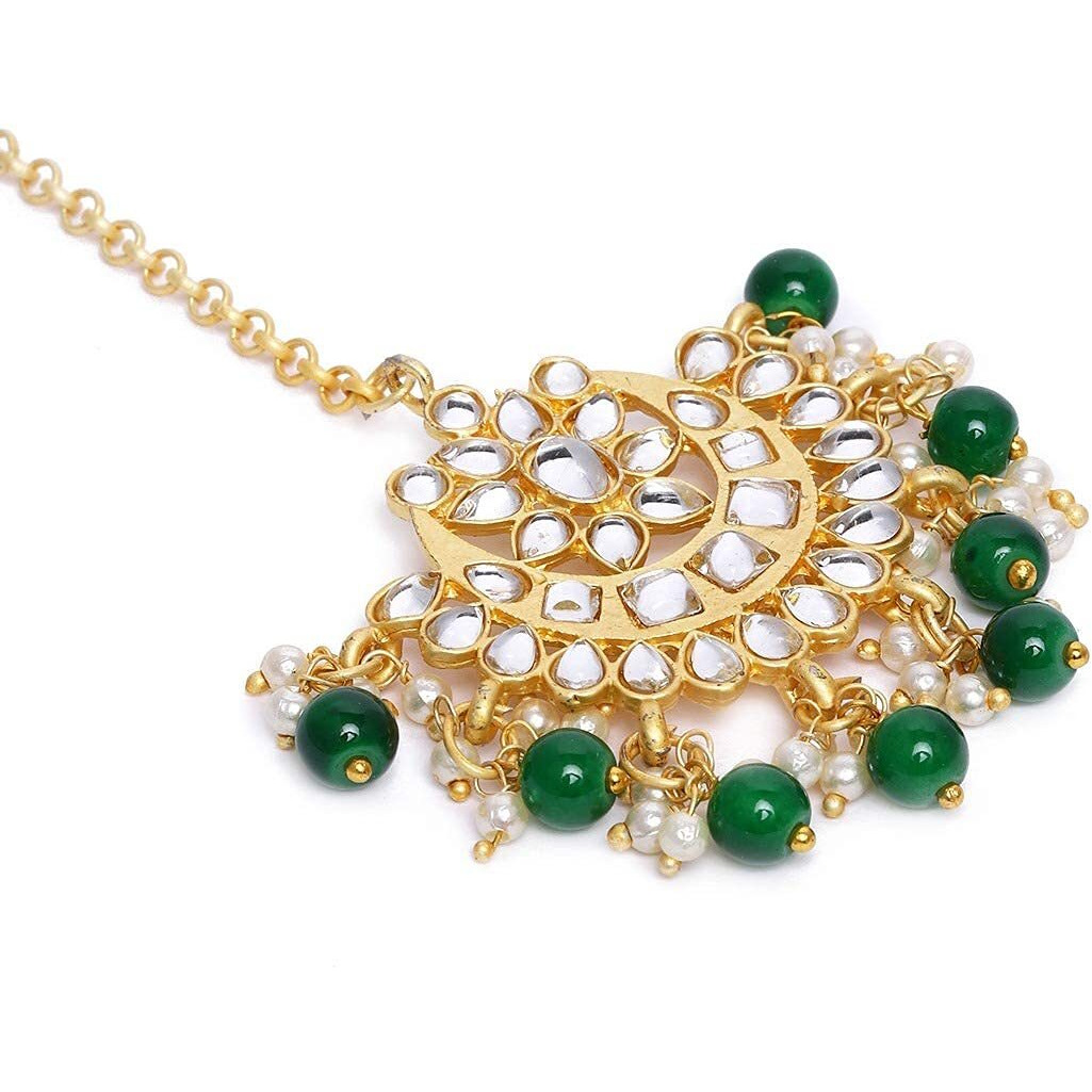 I Jewels 18K Gold Plated Ethnic Matte Finish Traditional Kundan Studded Maang Tikka With Pearls For Women/Girls (T2861G)