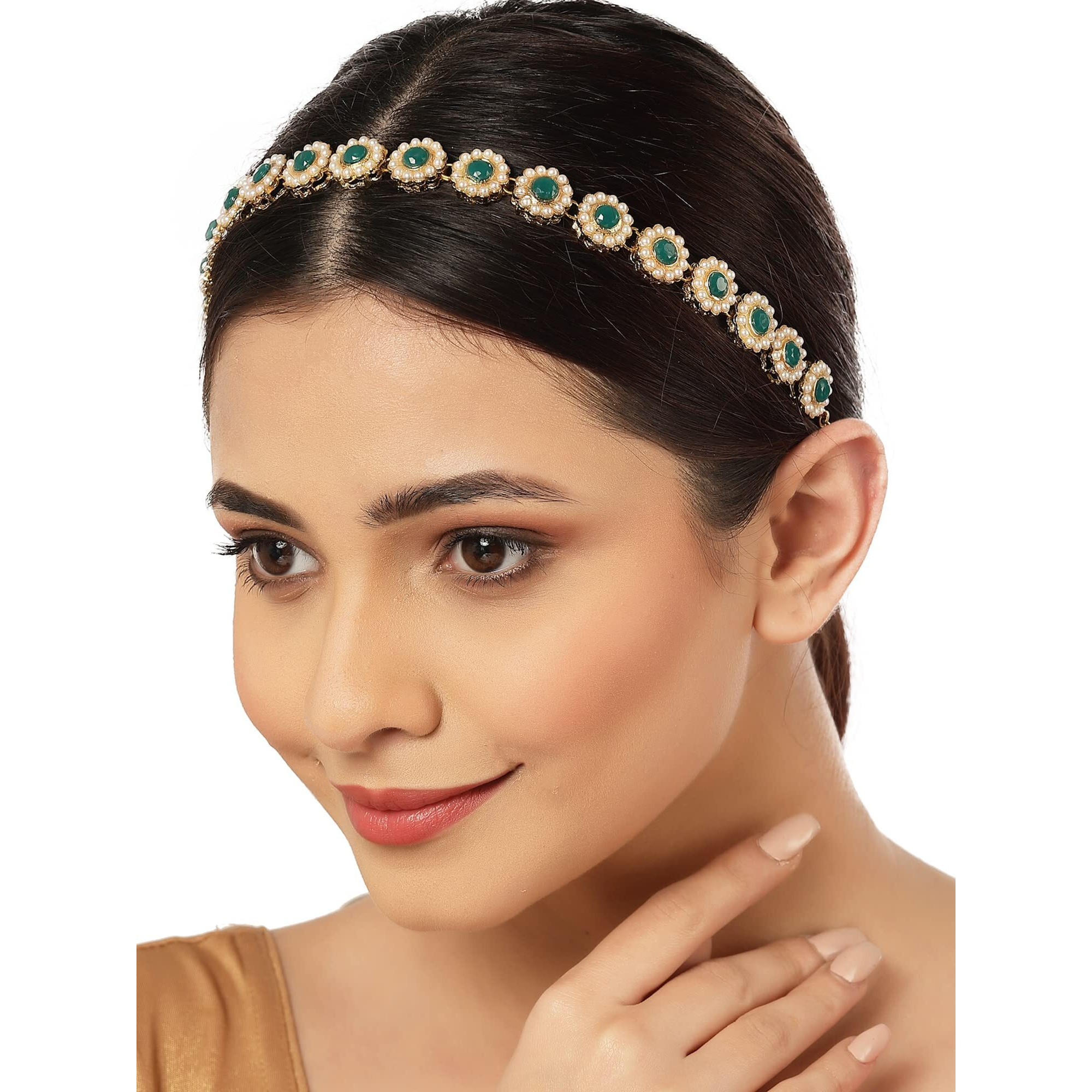 Karatcart Gold Plated Green Sun Flower Design Kundan Metal Hairband for Women - Green