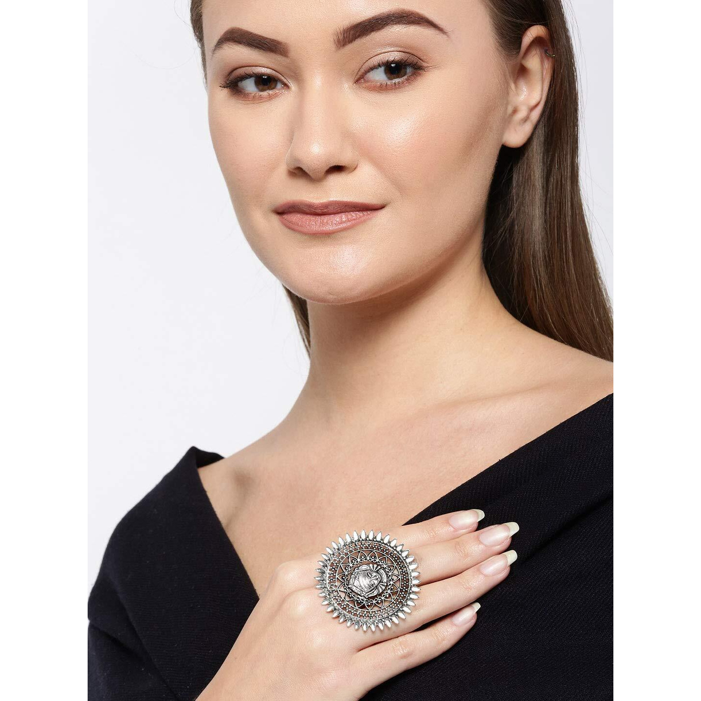YouBella Jewellery Afghani Oxidised Silver Plated Combo of 3 Rings for Women and Girls (Adjustable Size) (Style 4)