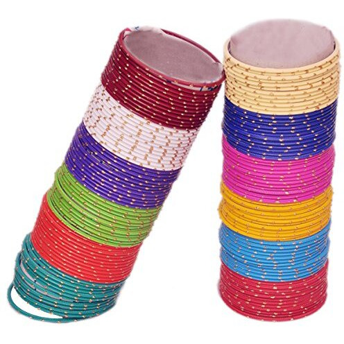 NMII Non-Precious Metal with Base Metal and Spread with Zari Glossy Finished Bangle set For Women and Girls, (Multicolour-Design-1 2.2_Inches), Pack Of 144 Bangles