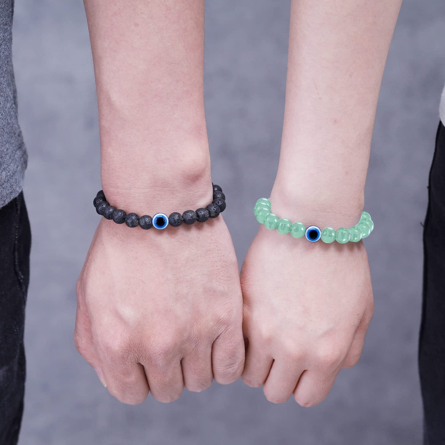 Young & Forever Gift Valentine Gift For Girlfriend Boyfriend Evil Eye Bracelet For Unisex Adult Beaded Bracelets Diffuser Lava & Green Aventurine Beads Bracelet For Women Couples Bracelets Set Of 2