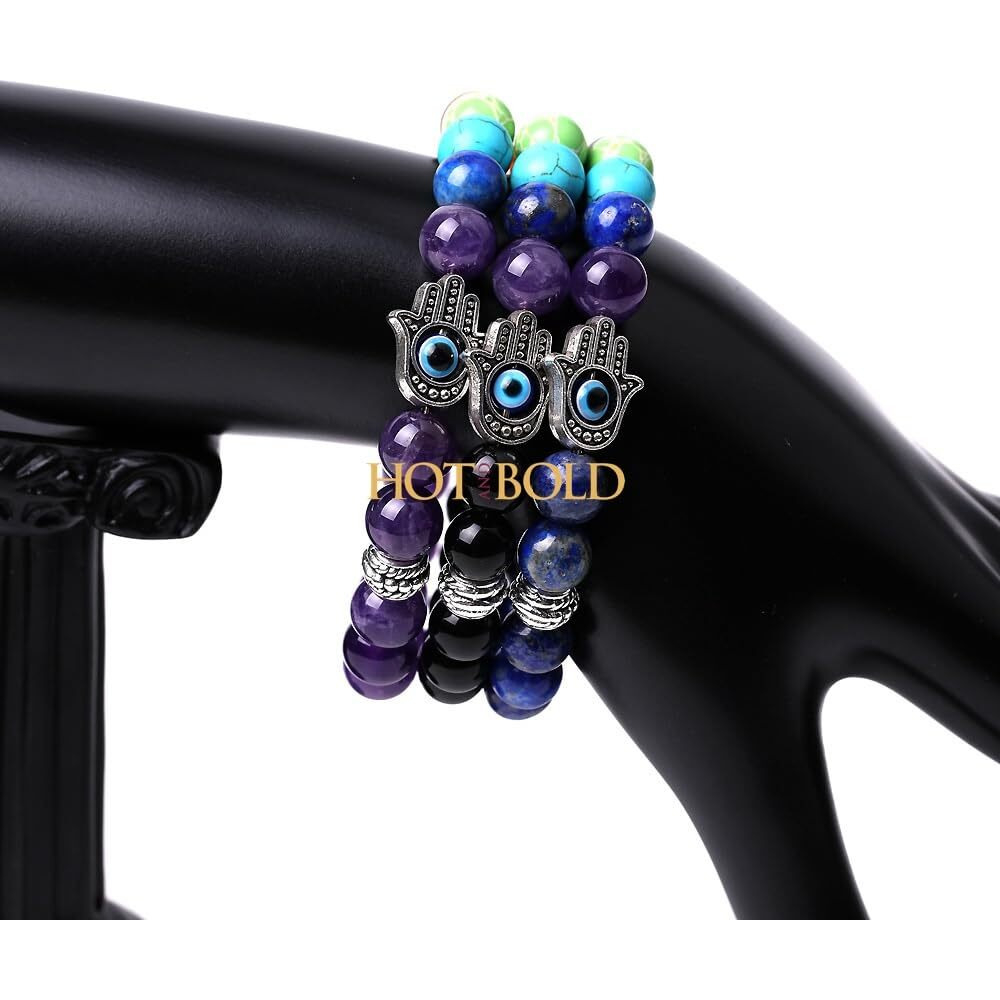Triple Protection Gemstone Bracelets with Hamsa Hand & Evil Eye Charms - Natural Stones for Balance and Warding Off Negativity. (7 Chakra Amethyst Hamsa Evil Eye Bracelet)