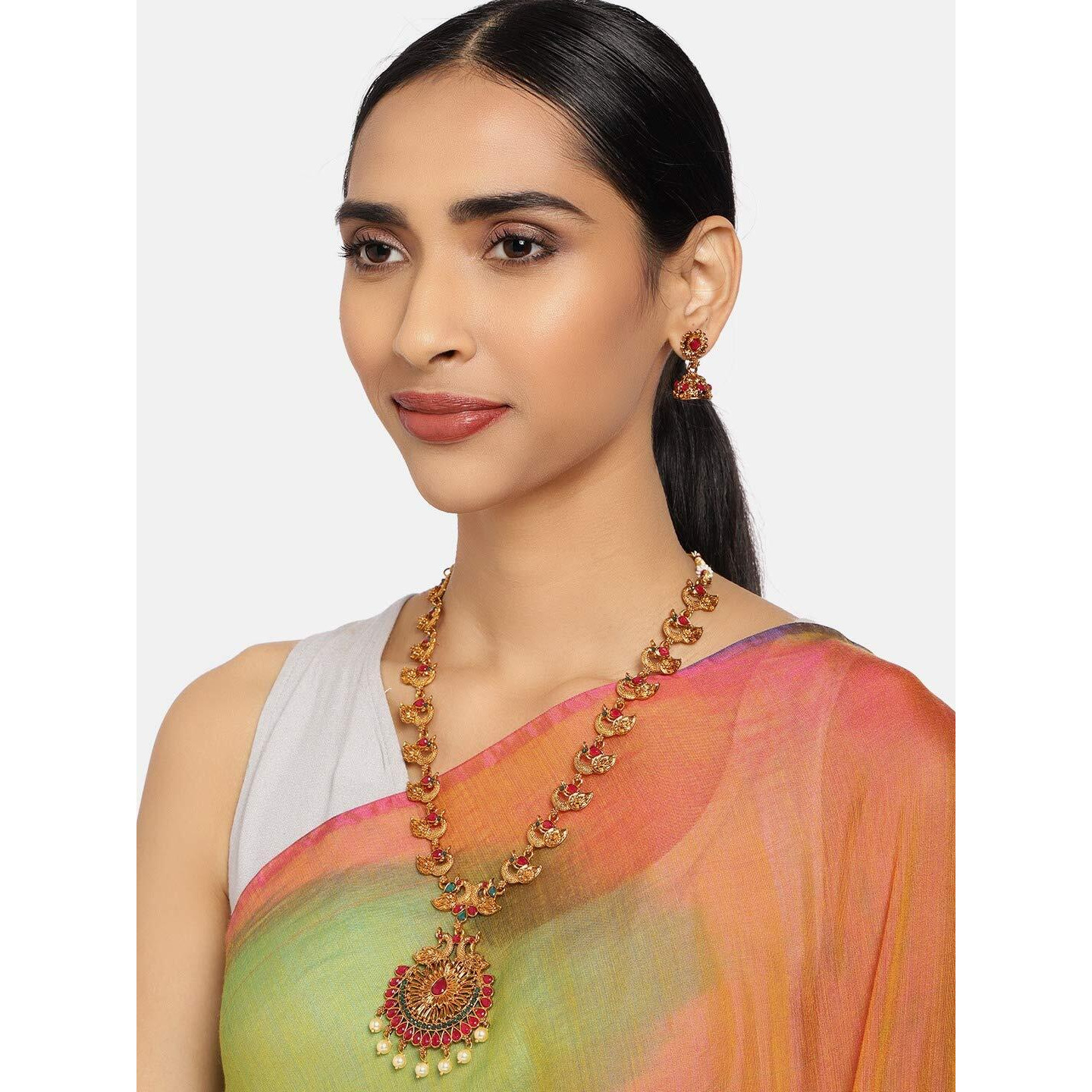 ZAVERI PEARLS Pink & Green Shones Peacock Inspired Antique Traditional Necklace & Earring Set For Women-ZPFK10035