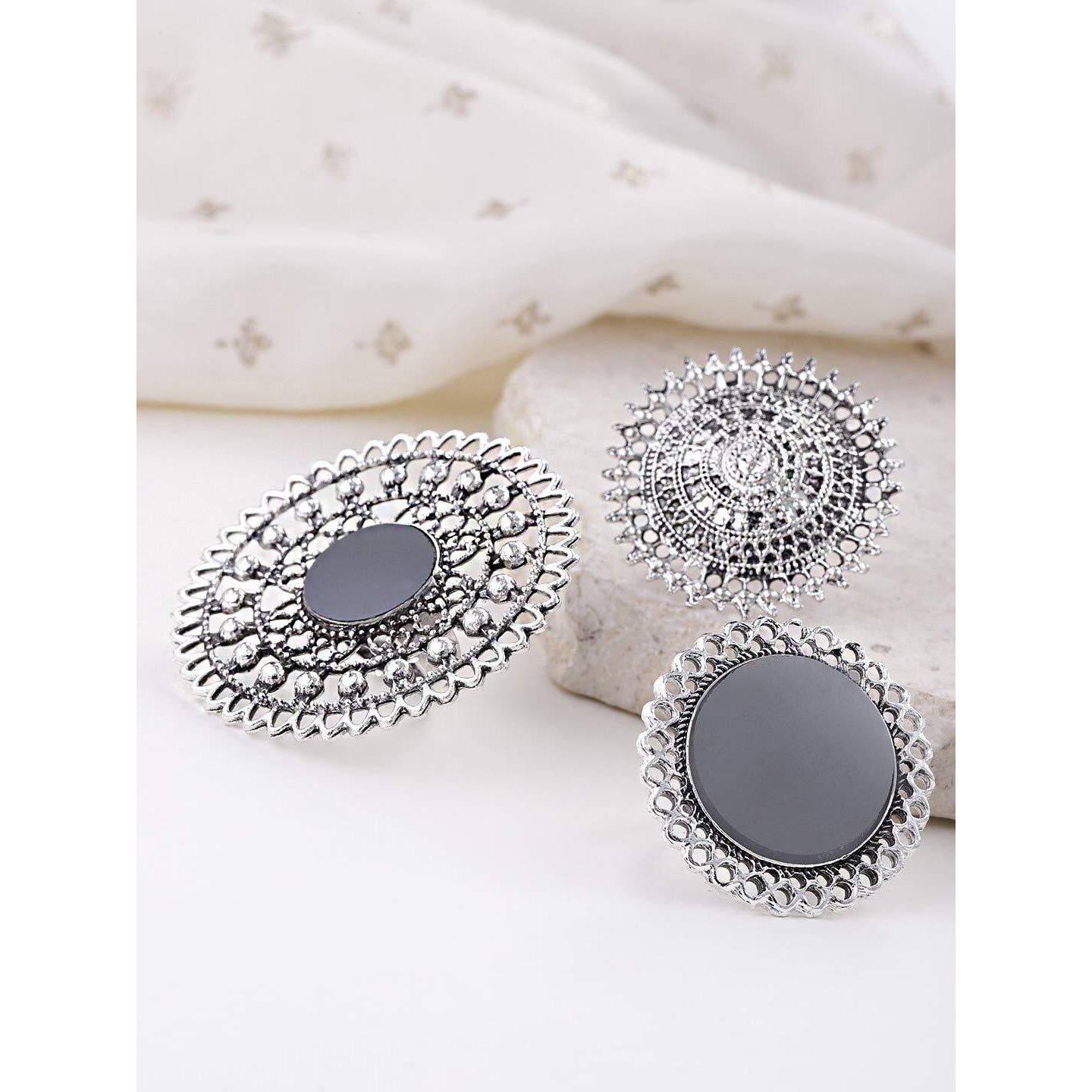 YouBella Jewellery Afghani Oxidised Silver Plated Combo of 3 Rings for Women and Girls (Adjustable Size) (Style 3)
