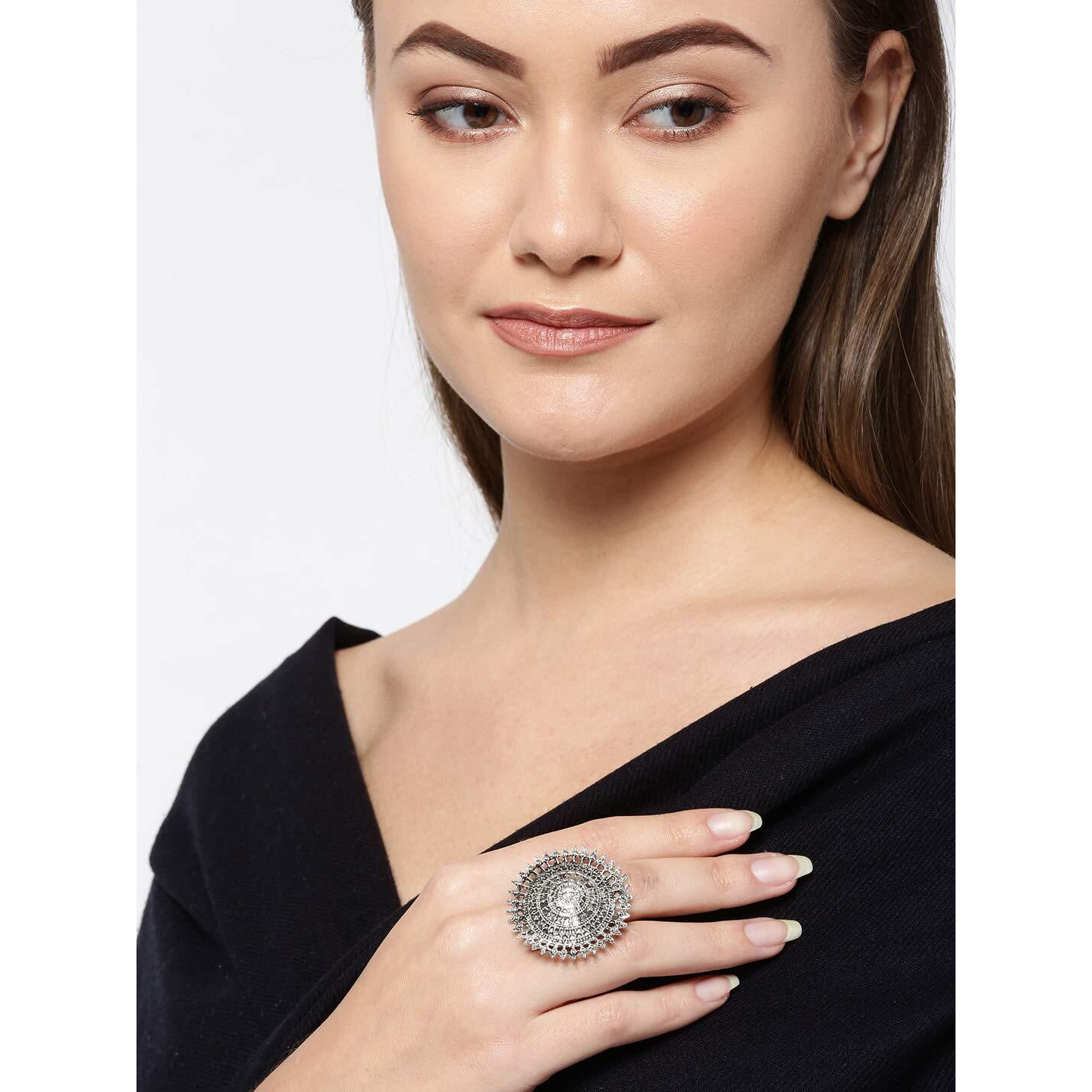 YouBella Jewellery Afghani Oxidised Silver Plated Combo of 3 Rings for Women and Girls (Adjustable Size) (Style 3)