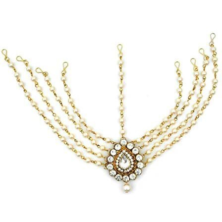 Handicraft Kottage Latest Hair Jewelry Traditional Gold Pearl Stylish Chain Mathapatti Maang Tikka Jewellery Set for Women & Girls