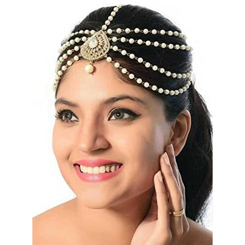 Handicraft Kottage Latest Hair Jewelry Traditional Gold Pearl Stylish Chain Mathapatti Maang Tikka Jewellery Set for Women & Girls